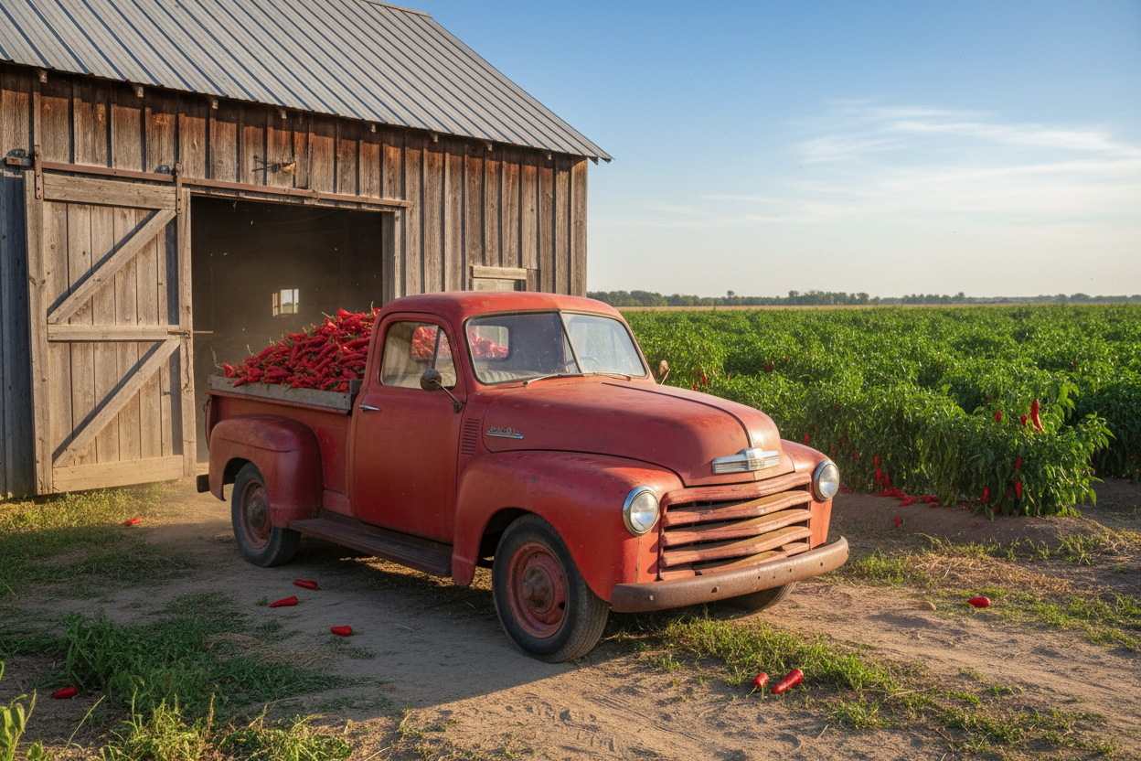A red old farm truck full with harvested chili peppers with a field of peppers and a barn