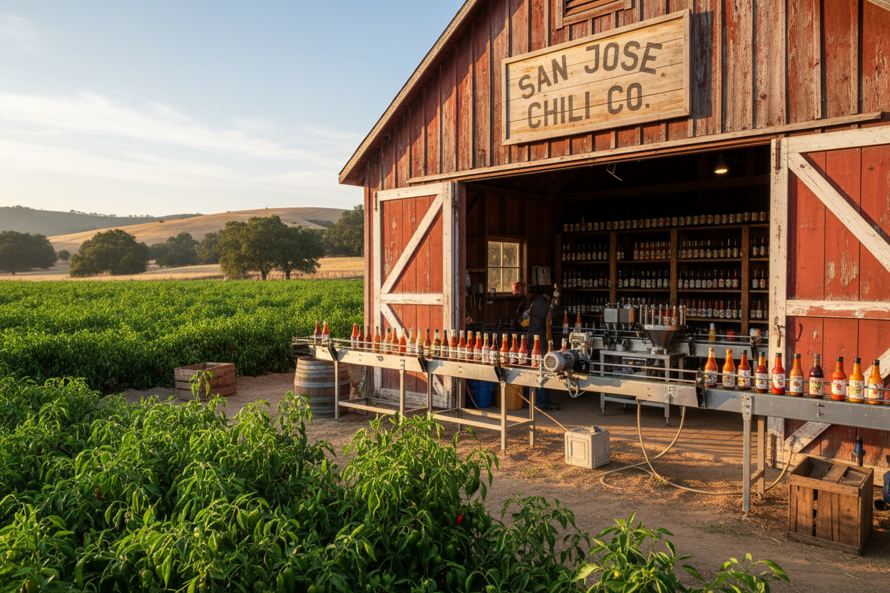 San Jose Chili Co hot sauce bottling barn in califonia